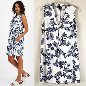 Linen Blend Floral Toile Shift Dress Sleeveless Midi Coastal Resort Vacation 8